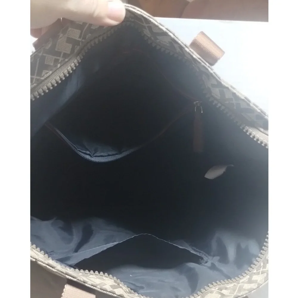 Tommy Hilfiger Monogram Jacquard Tote Bag Brown Tan Logo Webbing Zip Shoulder